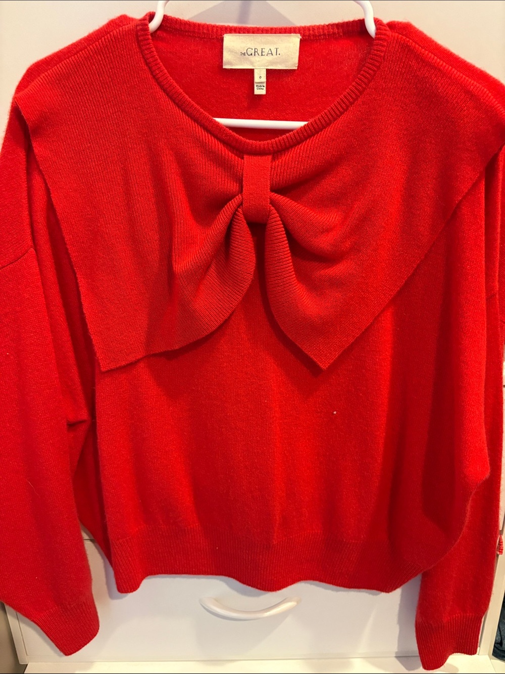 THE GREAT. Bright Red Bow-Front Knit Sweater